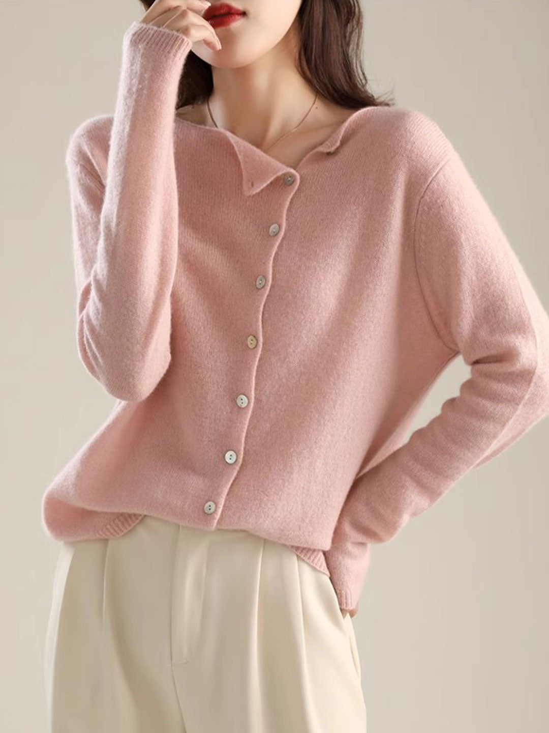 Foldover Collar Button Front Long Sleeve Knit Cardigan 4