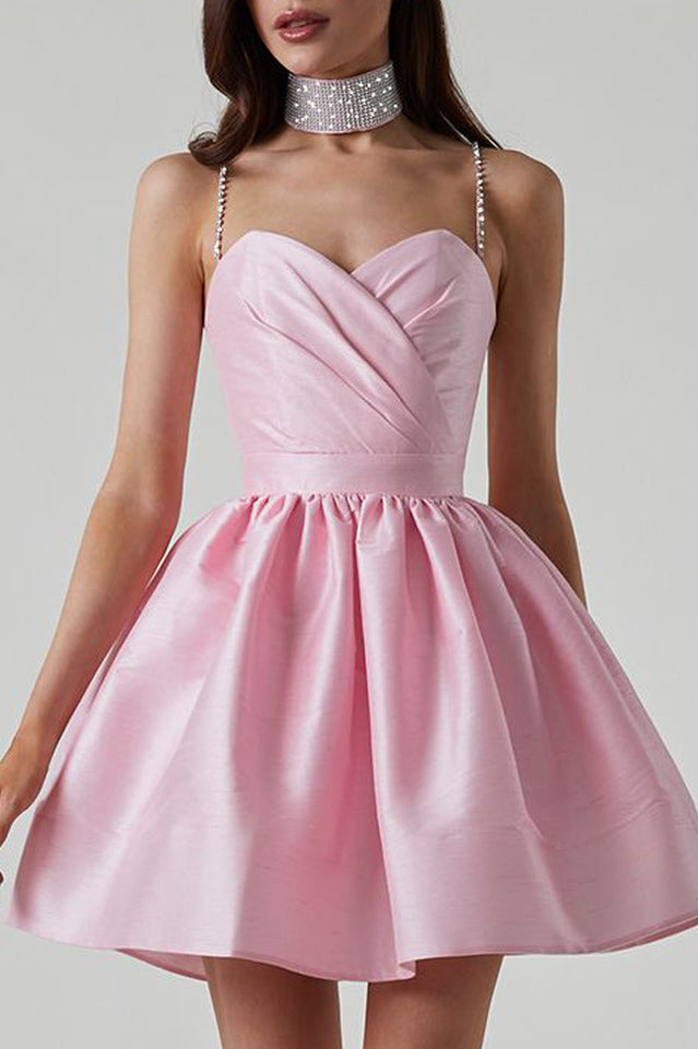 Rhinestone Spaghetti Strap Sweetheart Pleated Fit and Flare Mini Dress - View 7