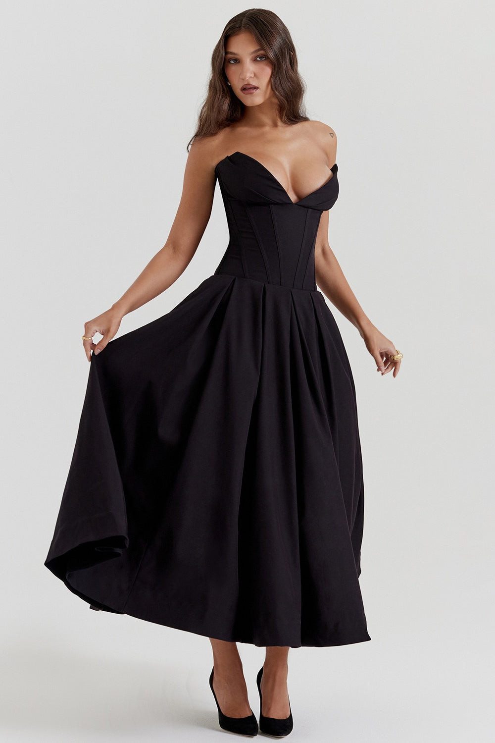 Strapless Corset Satin Fit and Flare High Low Midi Dress - View 4