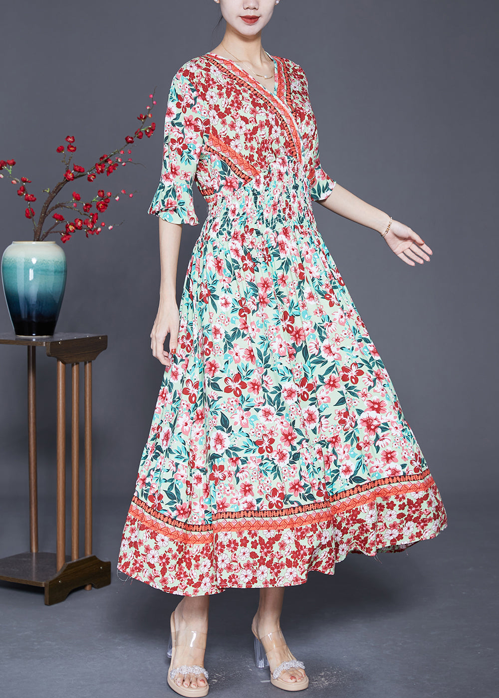 V-Neck Butterfly Sleeve Smocked Waist Border Print Maxi Dress - View 3