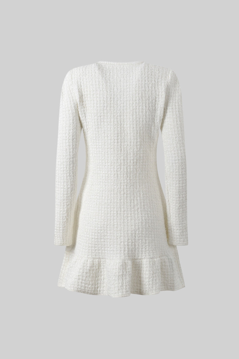 Waffle Knit Round Neck Crystal Floral Button Patch Pocket Ruffle Hem Mini Dress - View 8