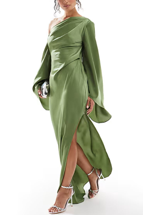 Zayla Satin Asymmetrical One Shoulder Bell Sleeve Slit Maxi Dress - View 5