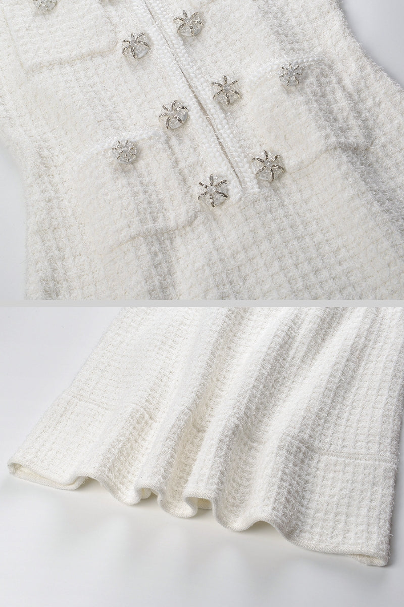 Waffle Knit Round Neck Crystal Floral Button Patch Pocket Ruffle Hem Mini Dress - View 11
