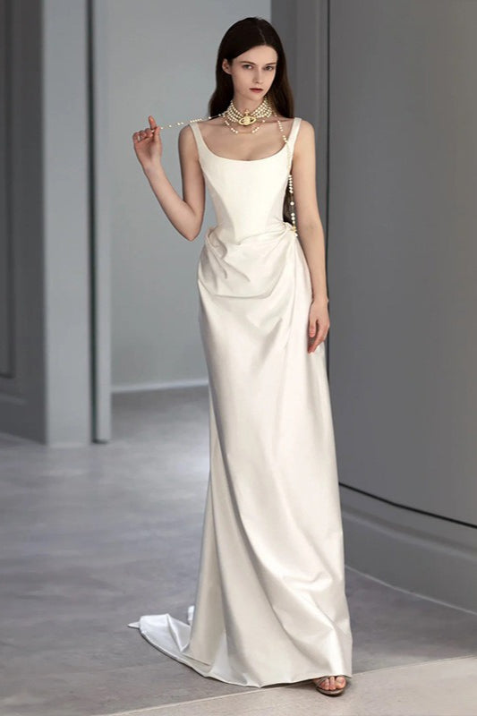 Satin Square Neck Ruched Draped Sweep Train Maxi Prom Gown