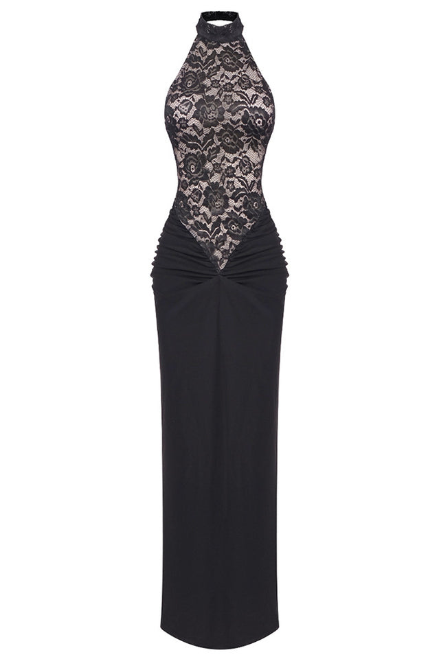 Lace Halter Neck Backless Ruched Mermaid Gown - View 4