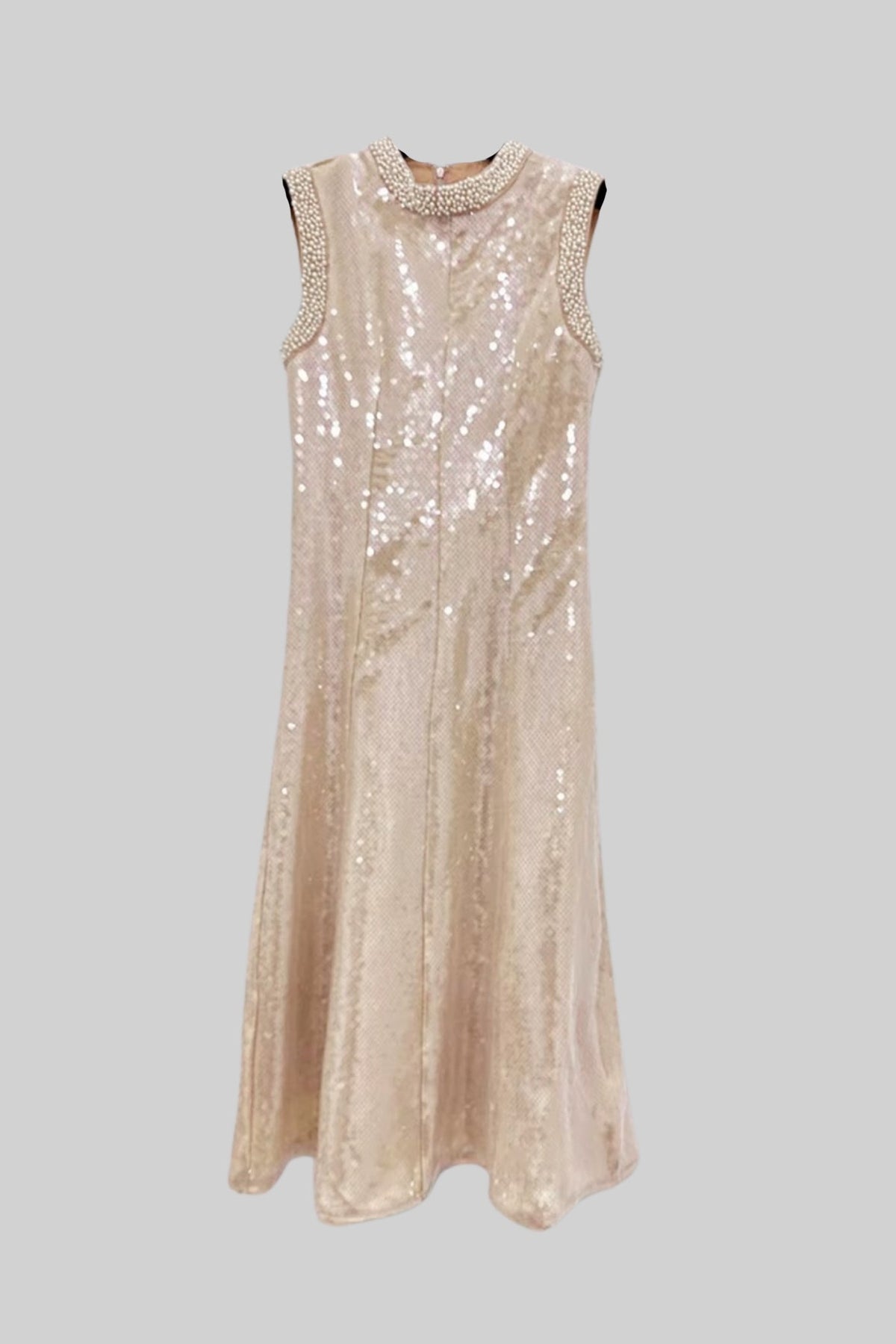 Sequin Sleeveless High Neck Pearl Trim Tea Length Midi Dress - View 15