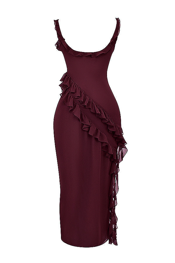 Chiffon Square Neck Ruffle Strap High Split Maxi Gown - View 19