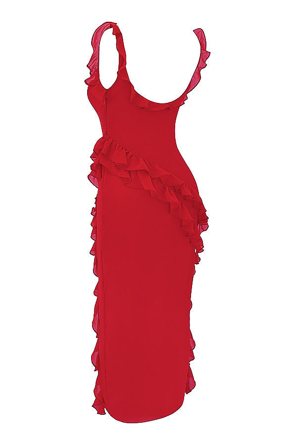 Square Neck Ruffle Strap High Split Ruffle Trim Maxi Gown 68
