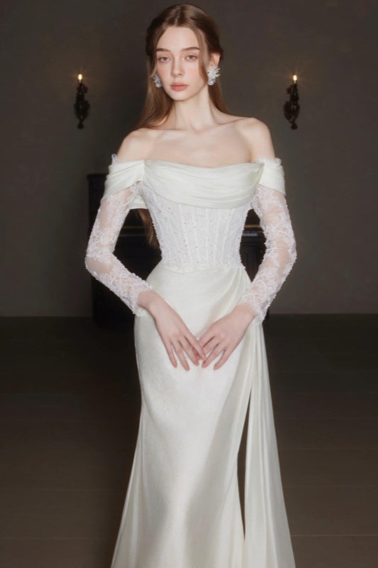 Satin Off Shoulder Long Sleeve Corset Mermaid Prom Dress - View 2