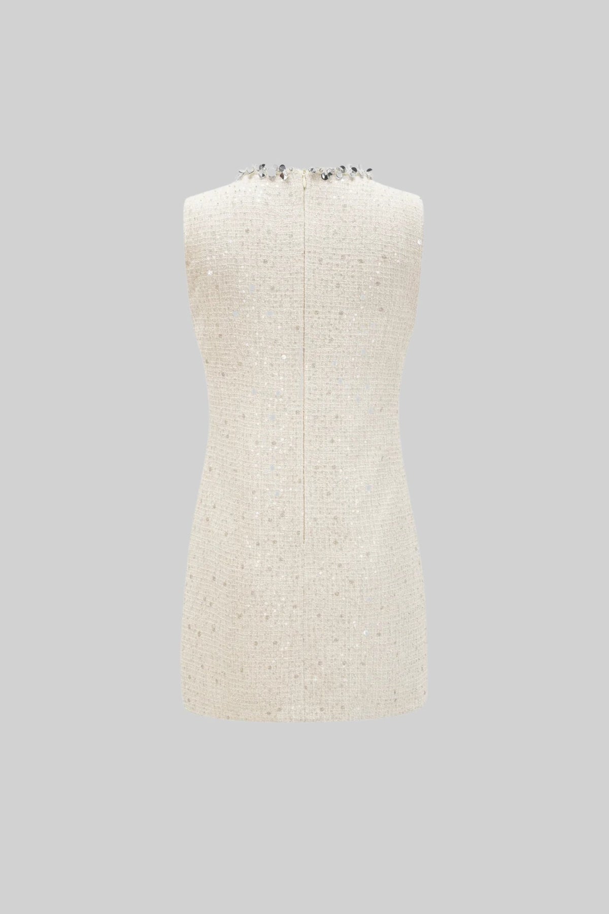 Sequin Tweed Keyhole Neck Crystal Embellished Shift Mini Dress - View 2