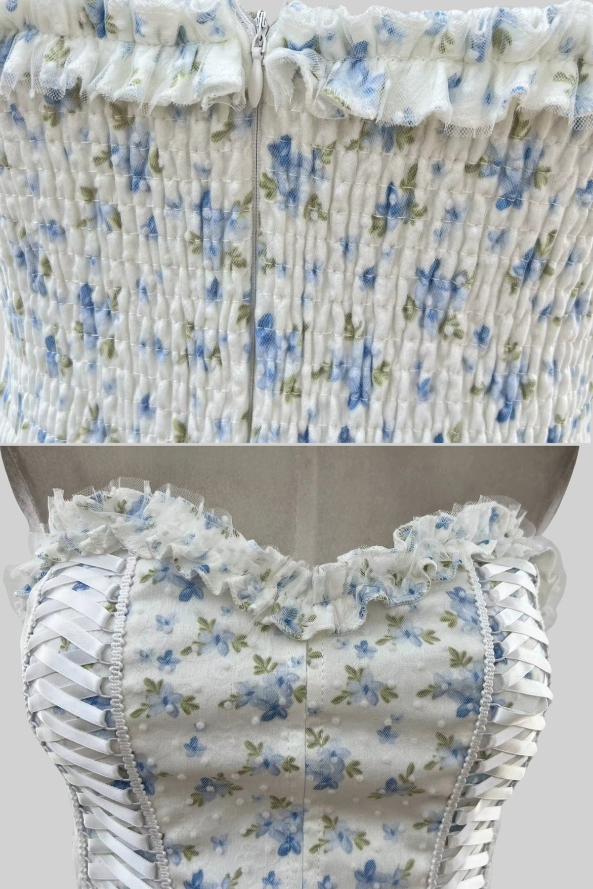 Corset Mini Dress With Sweetheart Neckline And Delicate Floral Pattern - White/Blue - View 3
