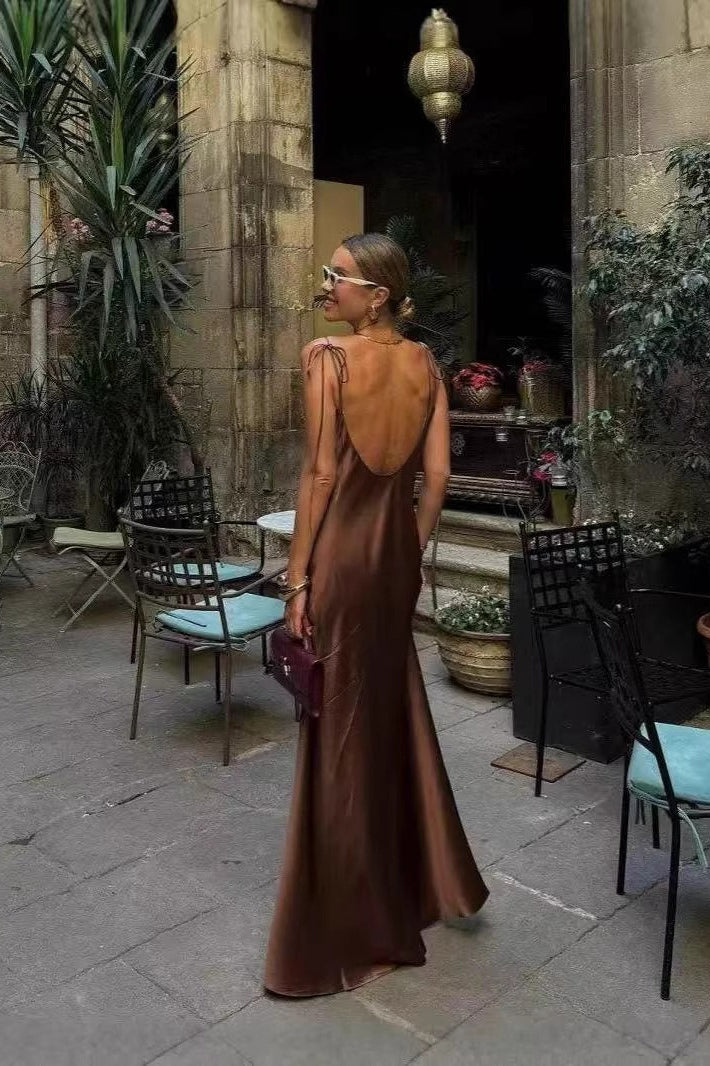 Satin Cami Backless Silk Dress in Brown - View 3