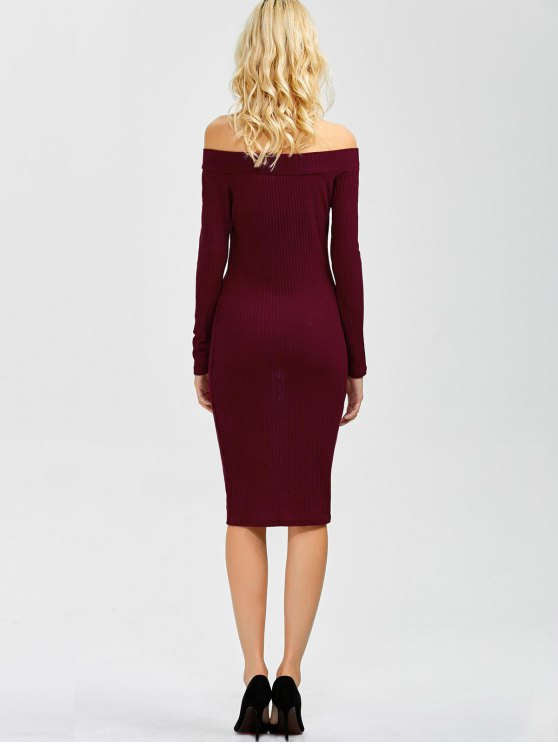 Off Shoulder Long Sleeve Ribbed Knit Bodycon Midi Dress 6