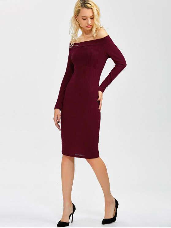 Off Shoulder Long Sleeve Ribbed Knit Bodycon Midi Dress 8