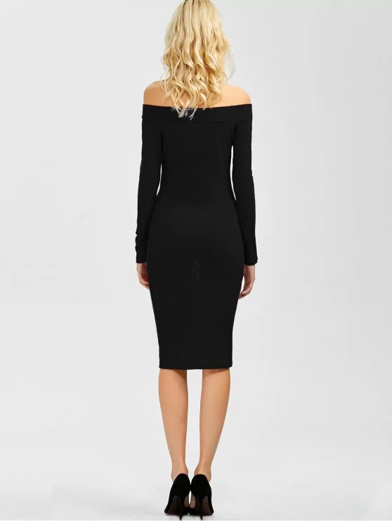 Off Shoulder Long Sleeve Ribbed Knit Bodycon Midi Dress 2