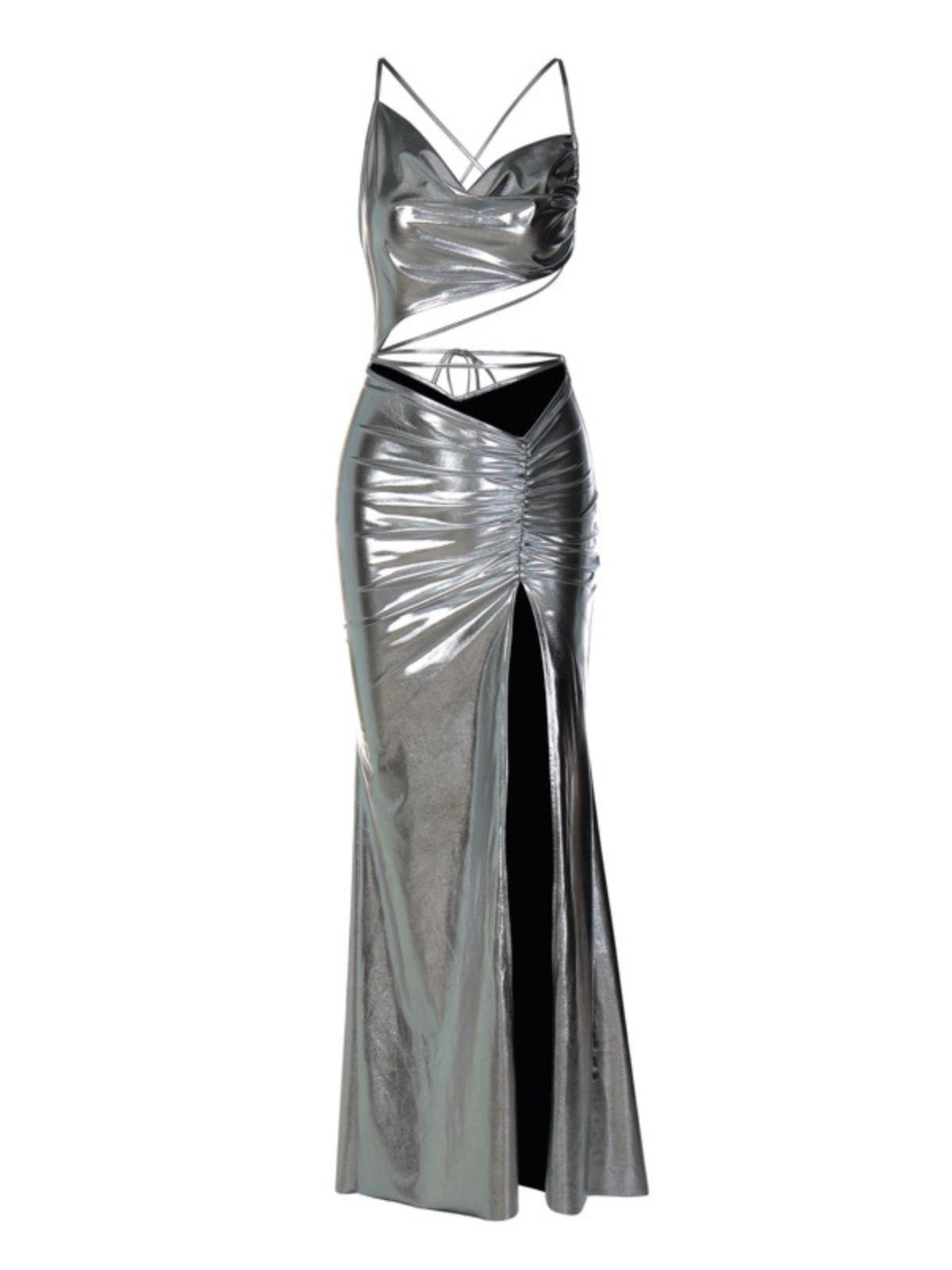 Metallic Spaghetti Strap Cut Out Waist High Split Maxi Prom Dress - View 6