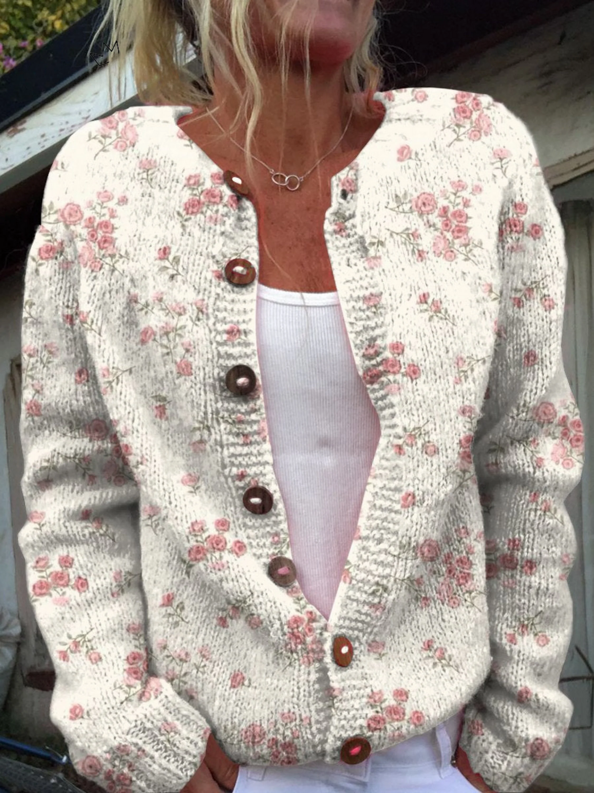 Ditsy Floral Button Front Round Neck Knit Cardigan