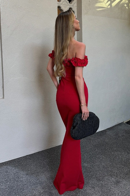 Off Shoulder Ruffle Trim Tie Front Bodycon Maxi Dress - View 4