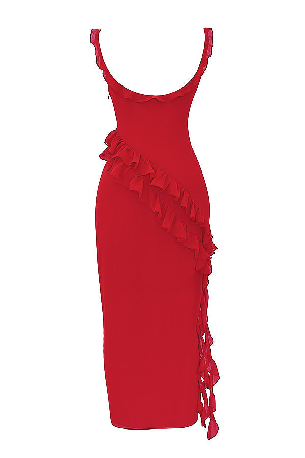 Chiffon Square Neck Ruffle Strap High Split Maxi Gown 65
