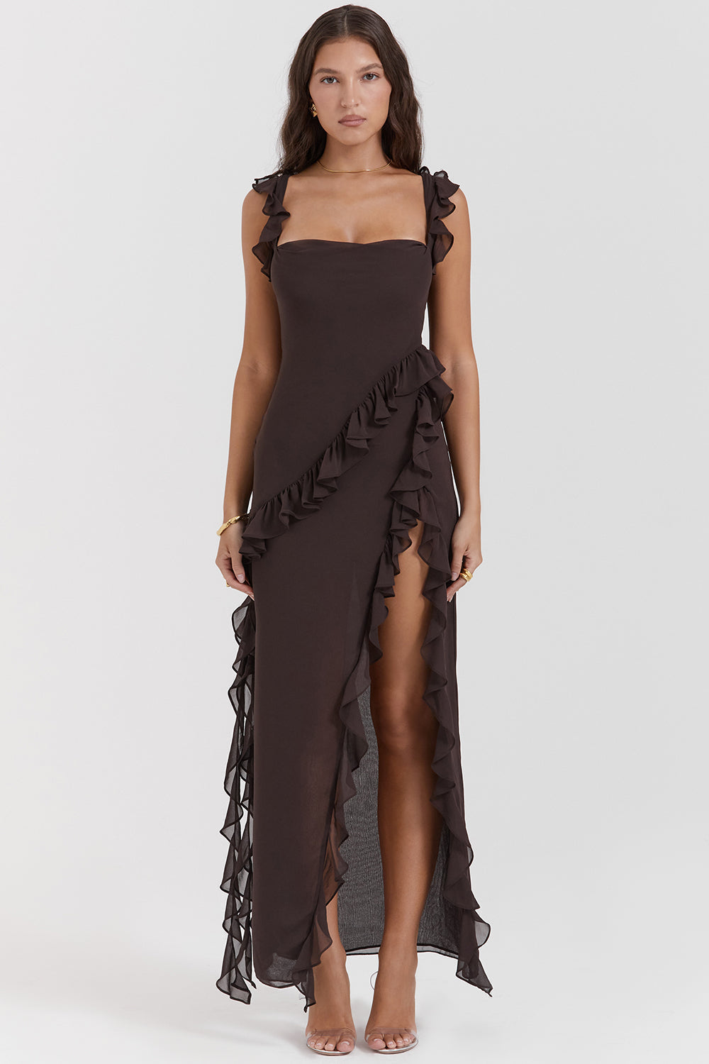 Square Neck Ruffle Strap High Split Ruffle Trim Maxi Gown 39