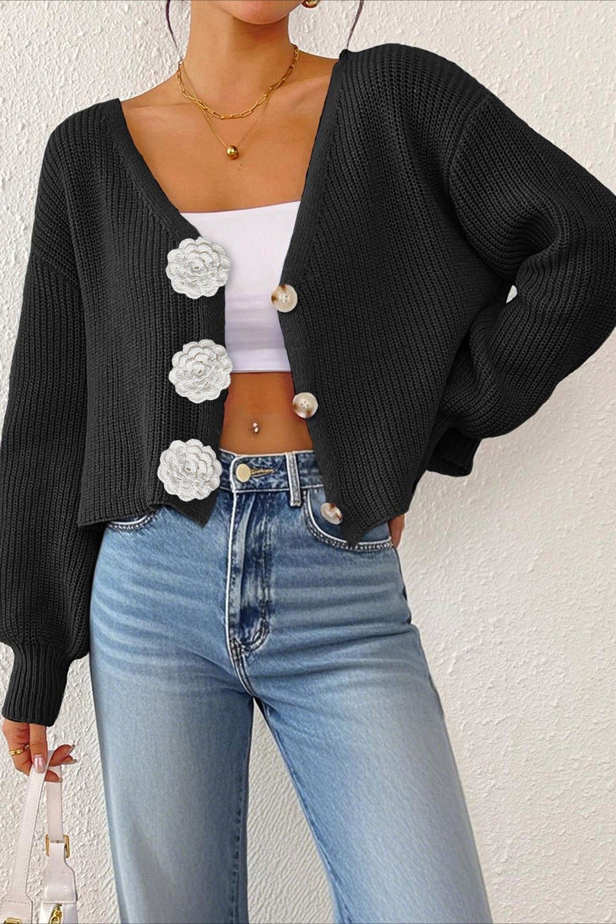 Button Front Crochet Knit Crop Sweater