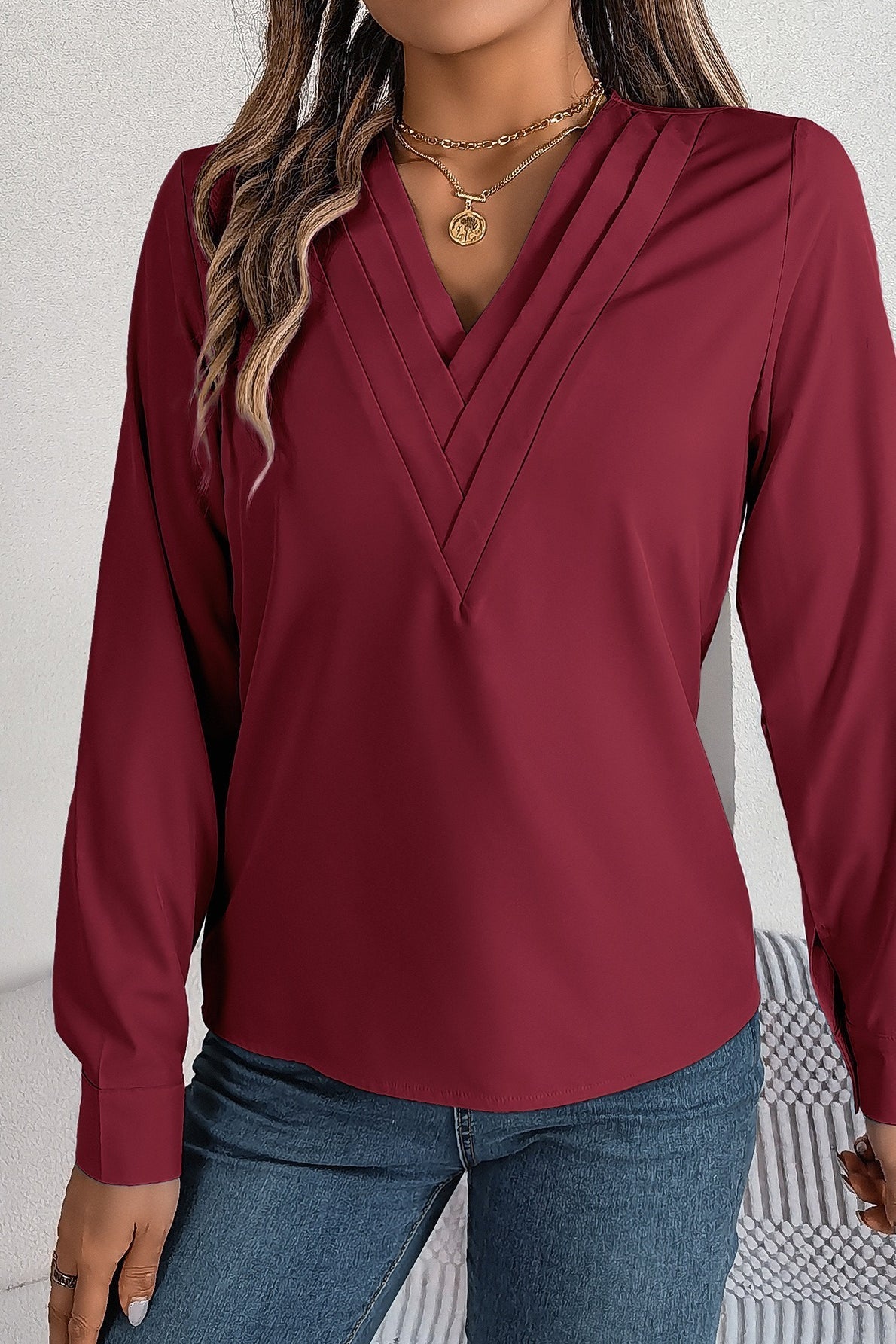 Layered V Neck Elegant Long Sleeve Blouse
