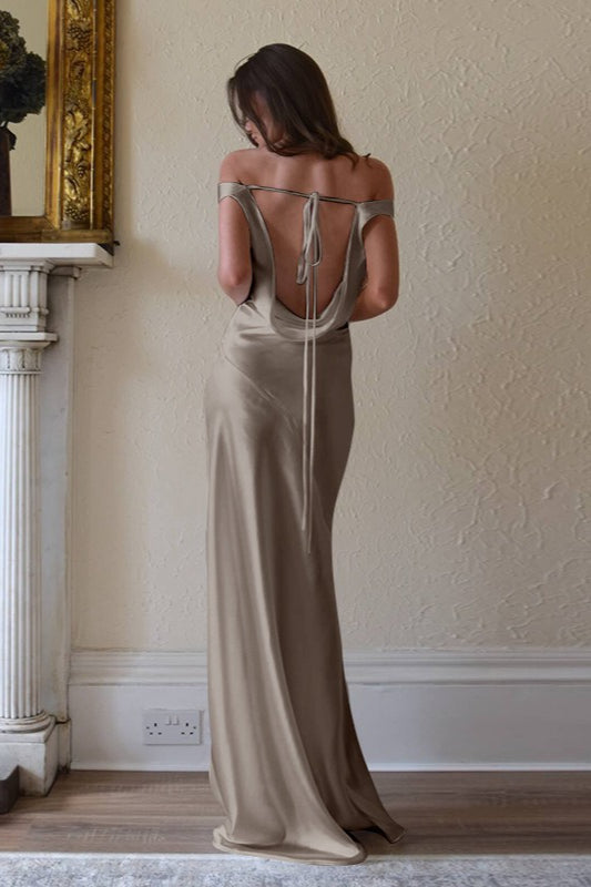Satin Off Shoulder Cowl Draped Slim Fit Maxi Dress - View 9