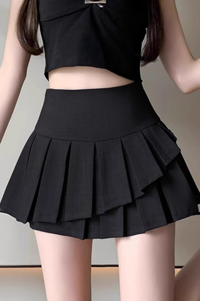 High-Waist Pleated Denim Mini Skort