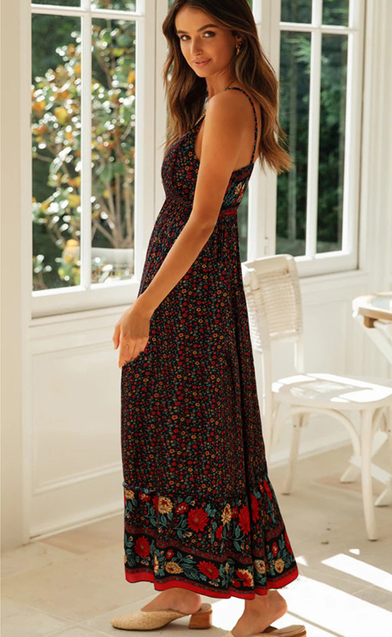 Spaghetti Strap V-Neck Ditsy Floral Border Print Tiered Maxi Dress - View 6