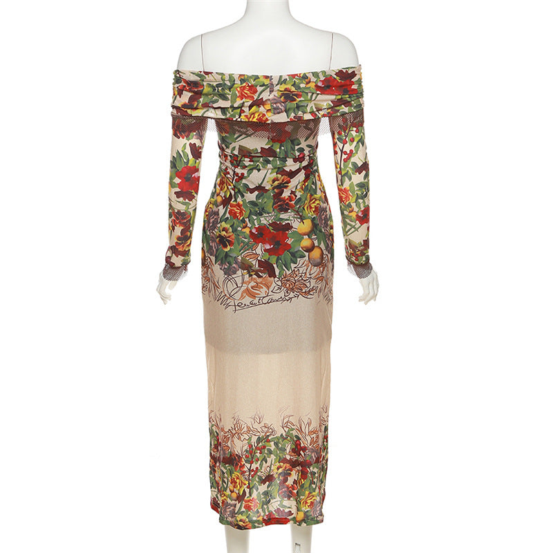 Floral Off Shoulder Long Sleeve Ruched Mesh Bodycon Midi Dress - View 7
