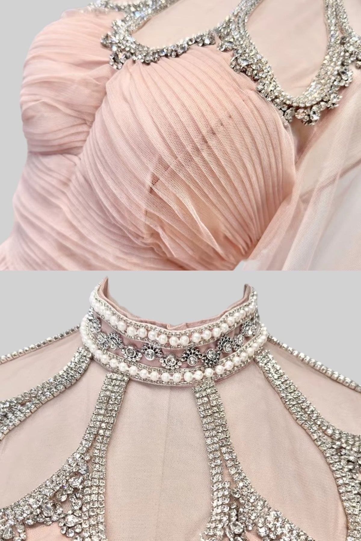Pearl Collar Mesh Yoke Cut Out Crystal Beaded Maxi Gown - View 4