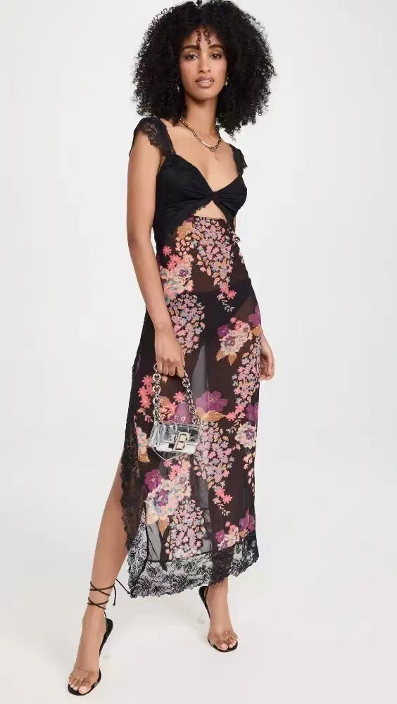 Floral Lace Trim Cut Out Slip Midi Dress 32