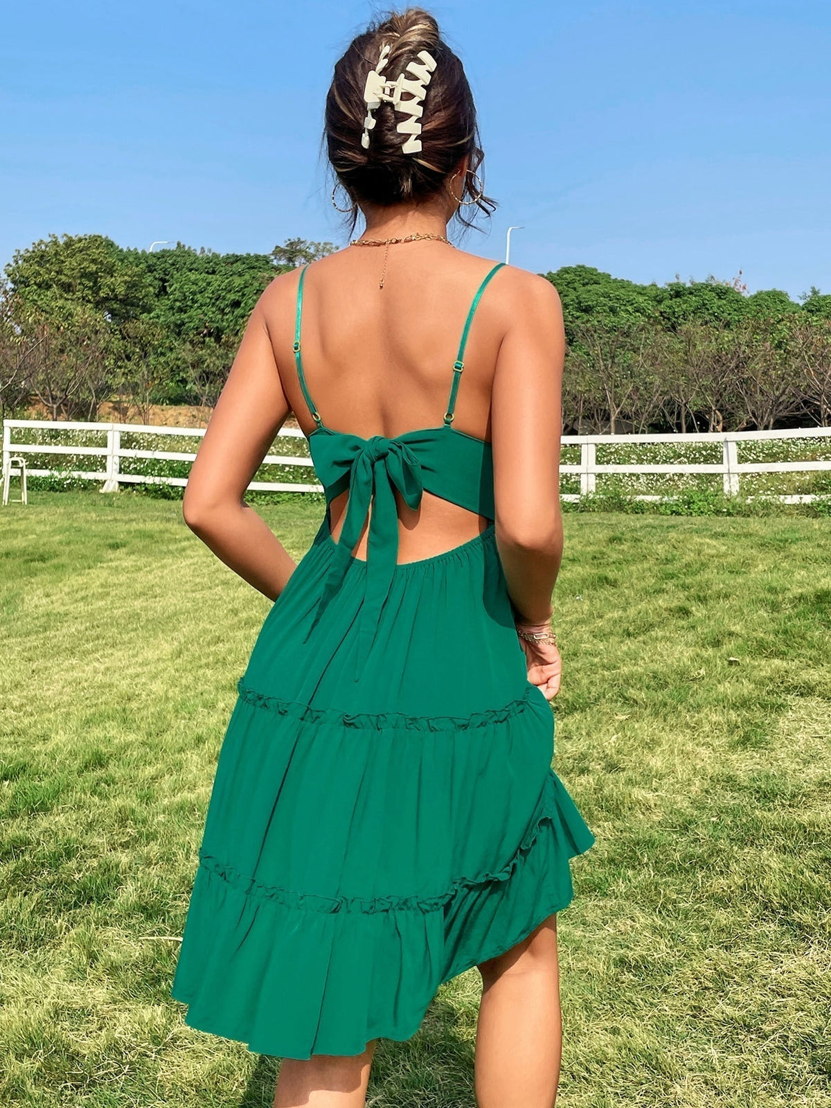 V-Neck Spaghetti Strap Lace Bodice Tiered Ruffle Mini Dress 2