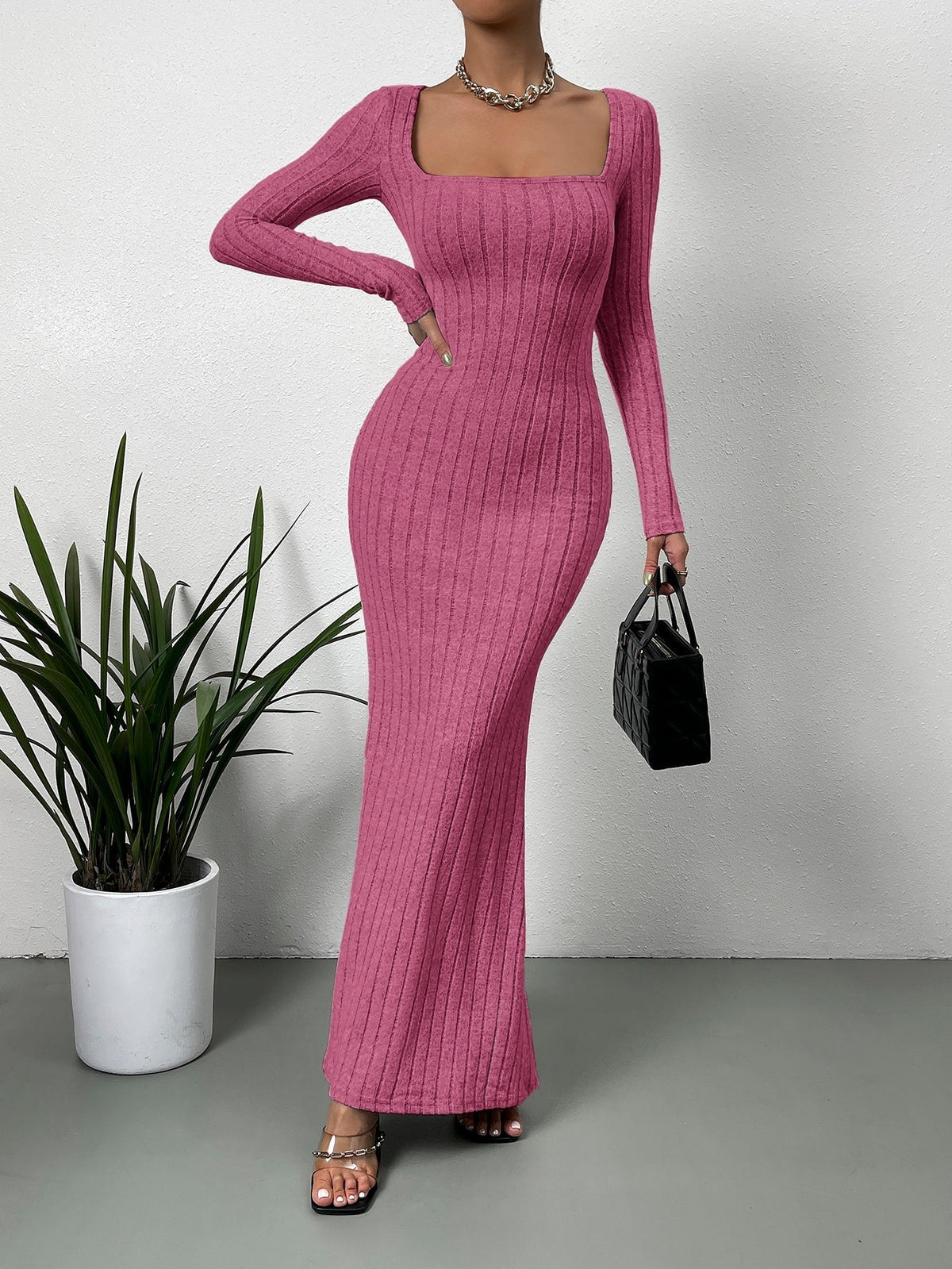 Square Neck Long Sleeve Ribbed Knit Fishtail Maxi Dress 3