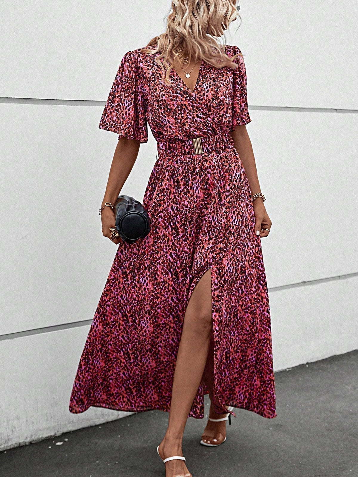 Leopard Print Wrap Flutter Sleeve Belted High Split Maxi Dress - View 4