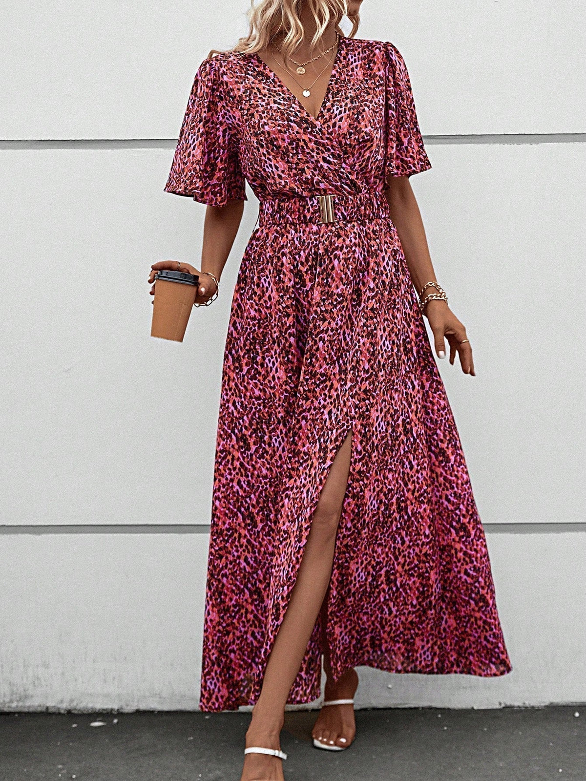 Leopard Print Wrap Flutter Sleeve Belted High Split Maxi Dress - View 5