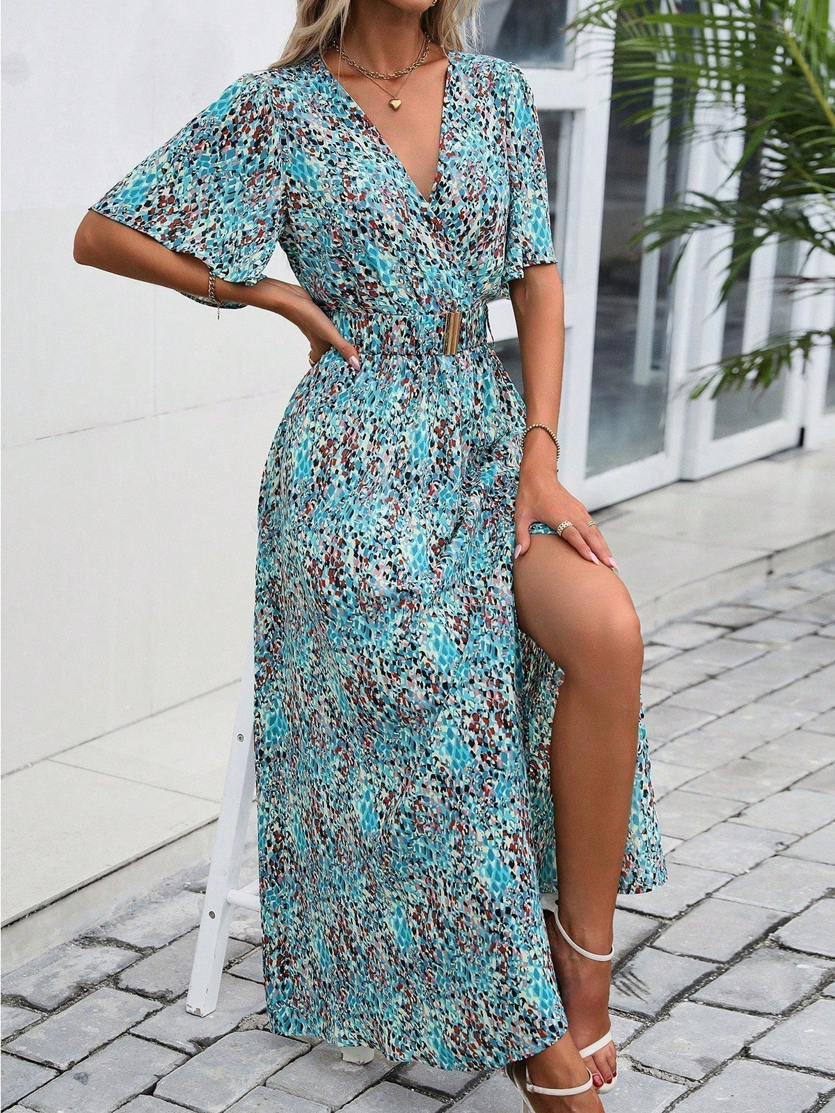 Leopard Print Wrap Flutter Sleeve Belted High Split Maxi Dress - View 19