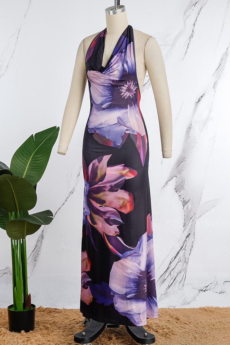 Floral Halter Neck Backless Cowl Maxi Dress - View 7