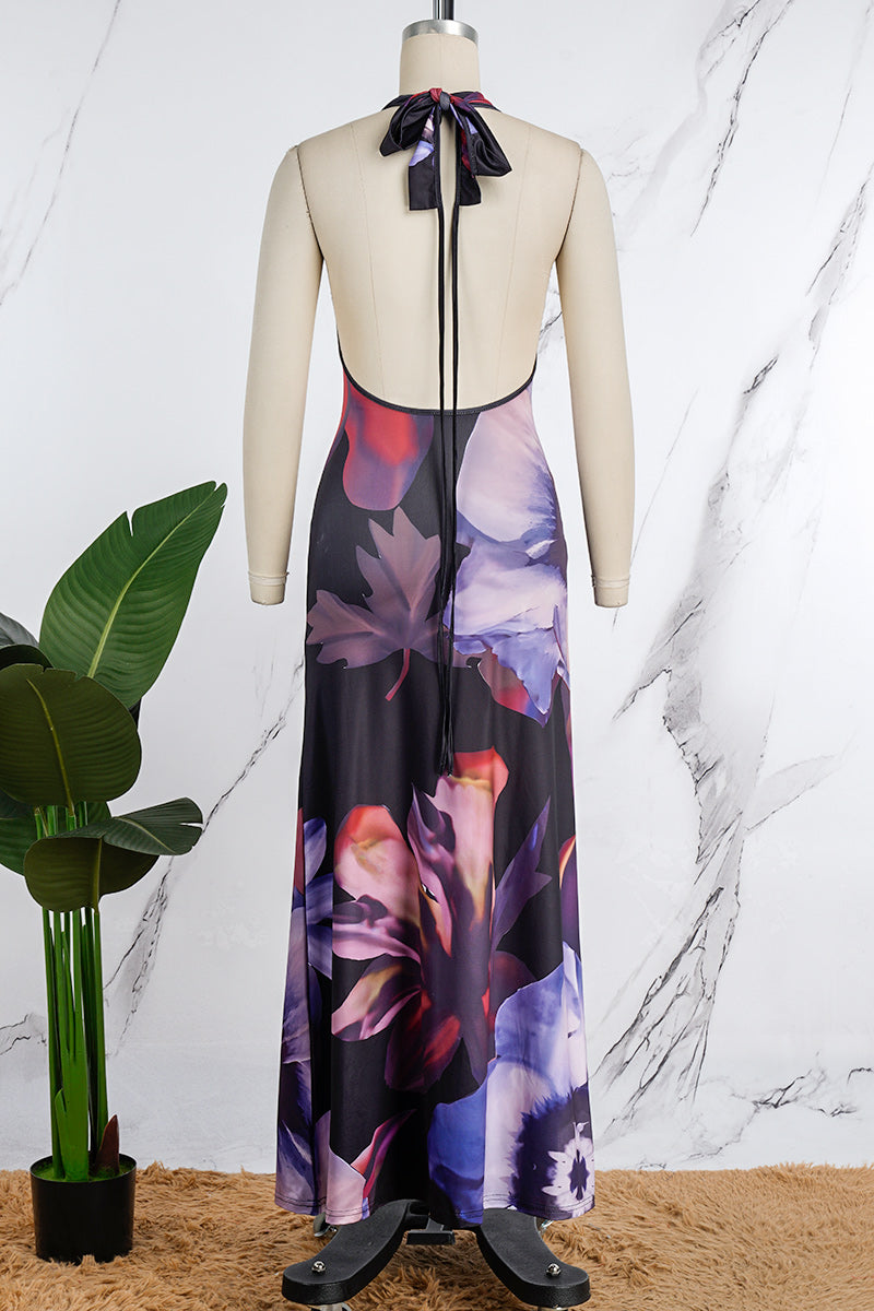 Floral Halter Neck Backless Cowl Maxi Dress - View 9
