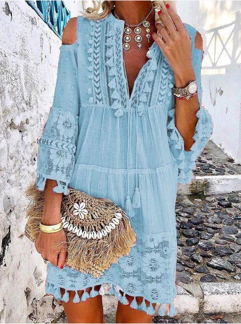 Deep V-Neck Tassel Trim Lace Insert Bell Sleeve Tiered Dress - View 12