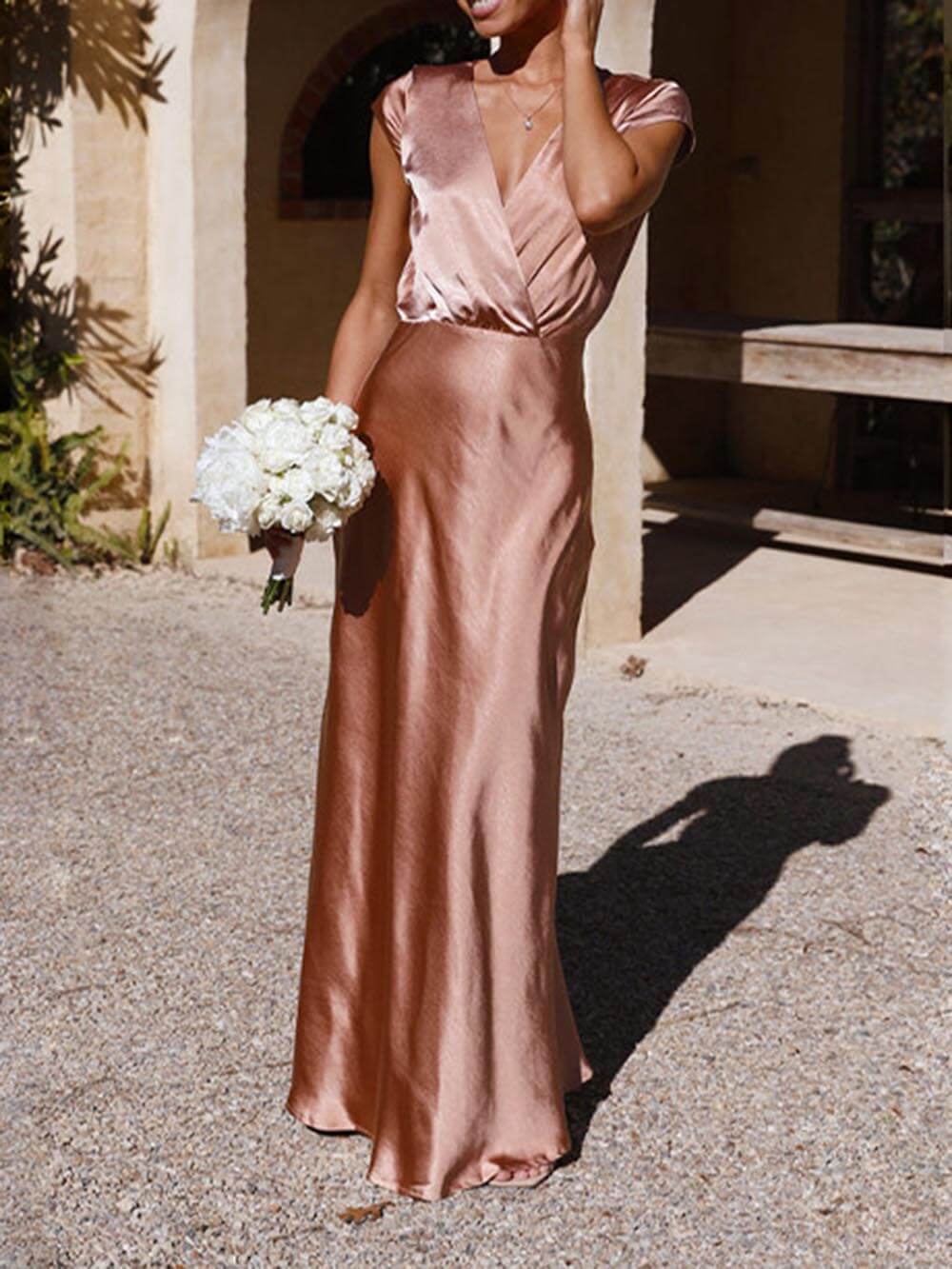 Satin Wrap V-Neck Cap Sleeve Mermaid Maxi Party Dress - View 4
