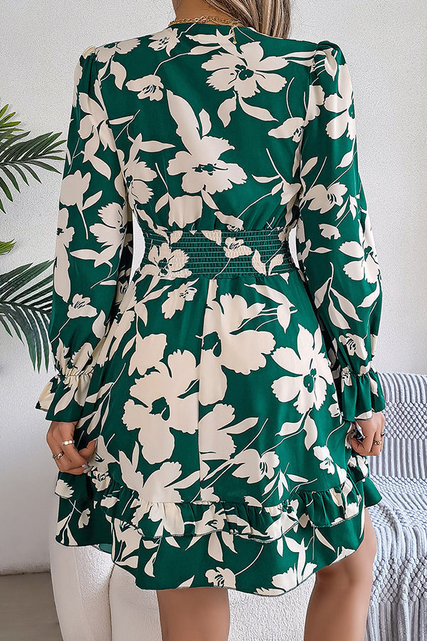 Floral Print V-Neck Tie Front Long Sleeve Ruffle Hem Mini Dress - View 13