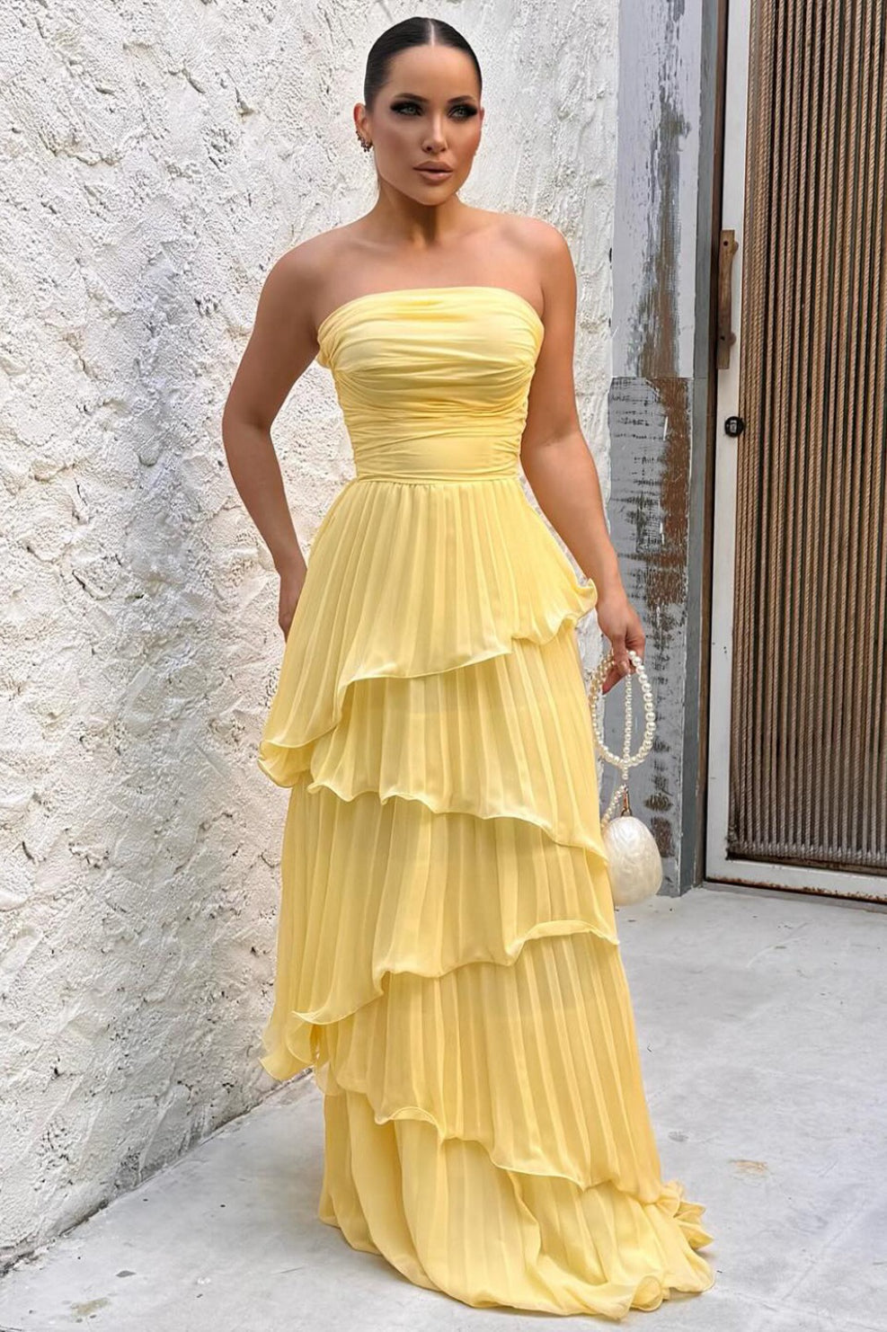 Strapless Ruched Tiered Pleated Chiffon Maxi Prom Dress