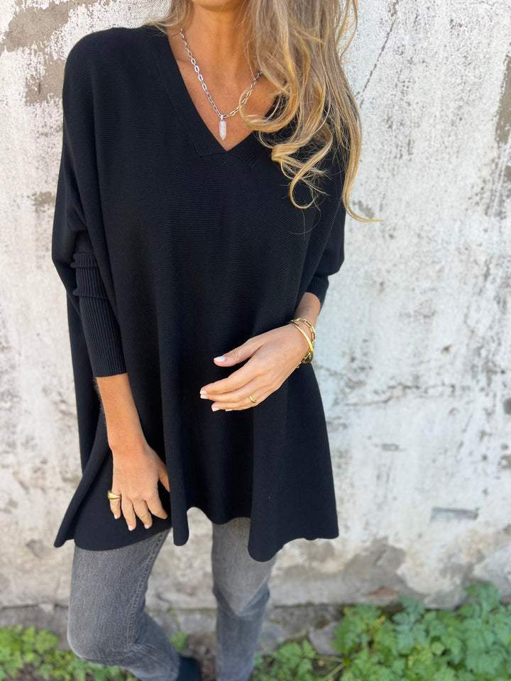 V-Neck Long Sleeve Oversized Knit Tunic Sweater