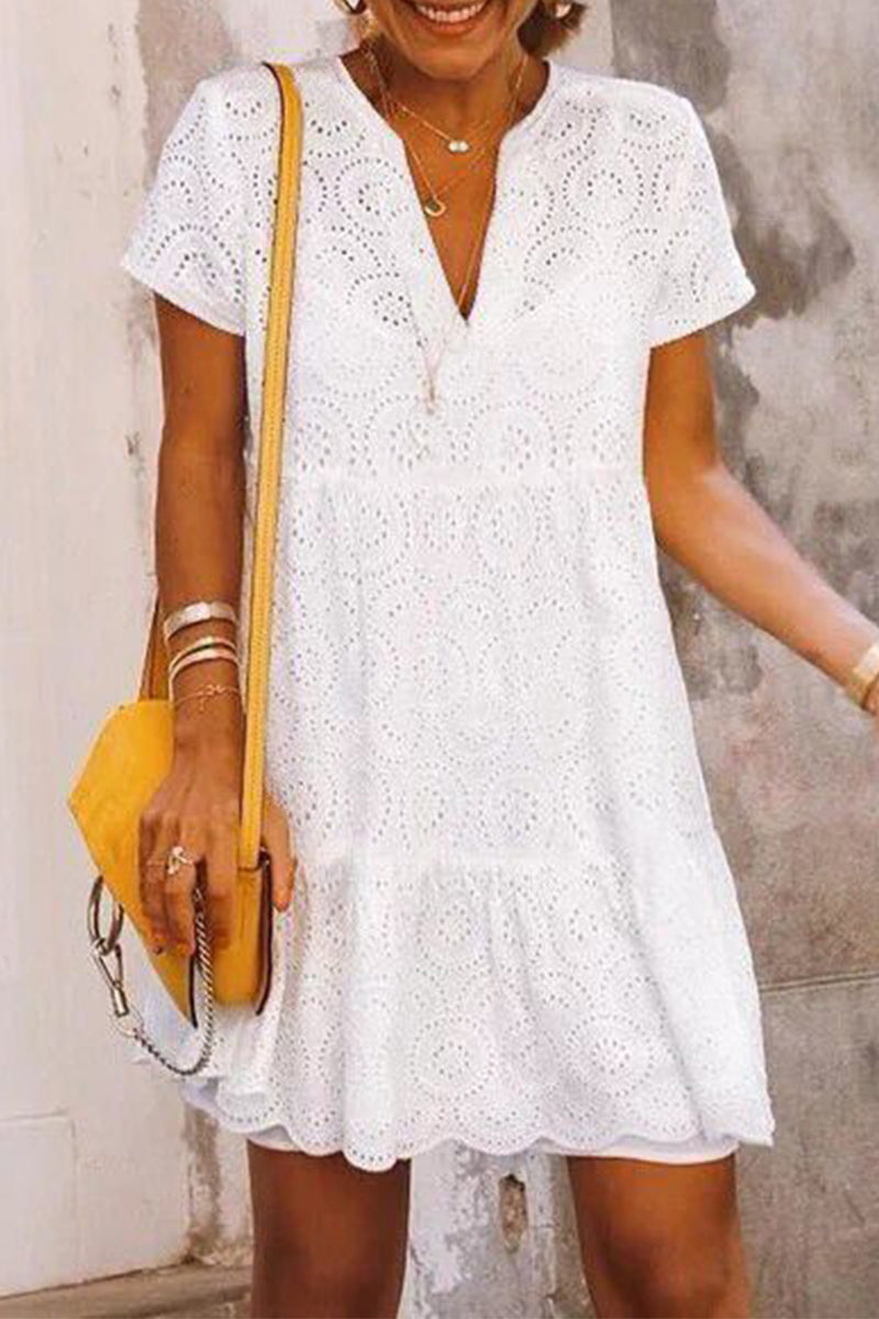 Eyelet Lace V-Neck Short Sleeve Tiered Mini Dress