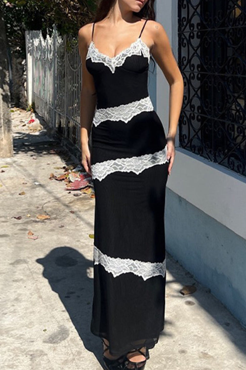 Lace Trim V-Neck Spaghetti Strap Ribbed Knit Bodycon Maxi Dress
