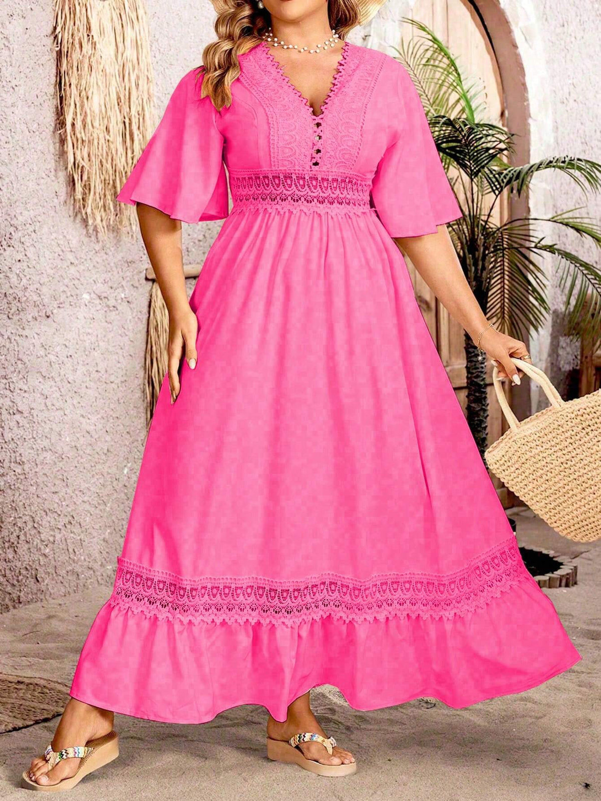 Deep V-Neck Crochet Lace Panel Flutter Sleeve Maxi Gown - View 3