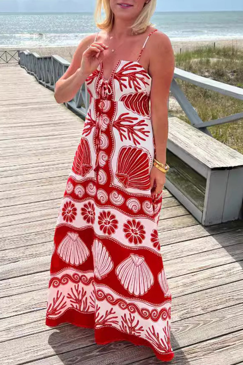 Spaghetti Strap V-Neck Shell Print Tiered Boho Maxi Summer Dress - View 3