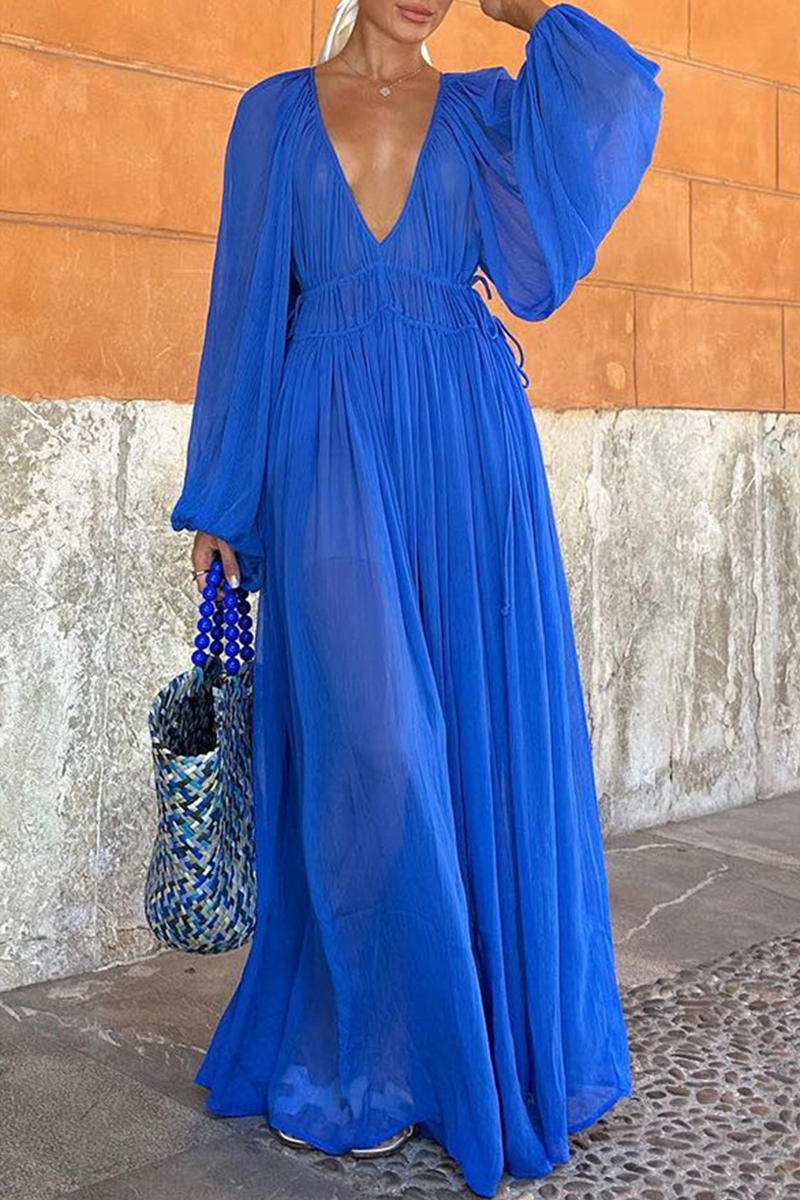 Deep V-Neck Lantern Sleeve Drawstring Waist Pleated Sheer Maxi Dress
