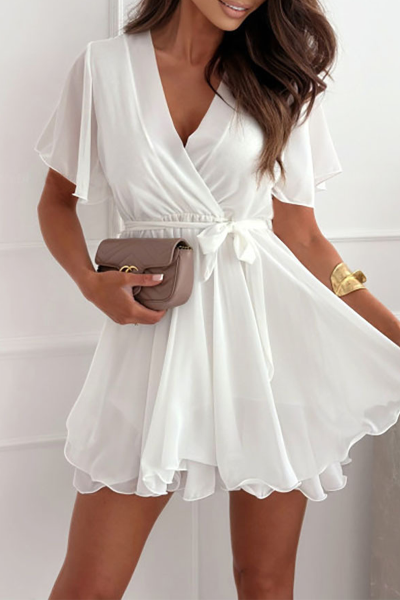 Chiffon V-Neck Wrap Flutter Sleeve Tie Waist Ruffle Mini Dress